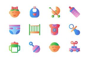 Baby items icons set in color flat design. Pack of girl, boy, bib, stroller, bottle, milk, diaper, crib, bodysuit, pacifier, toys, rattle and other. Vector pictograms for web sites and mobile app