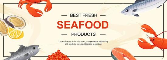 Seafood horizontal web banner. Different fish, mackerel, salmon, red caviar, crab, lobster, oyster with lemon, other products. Vector illustration for header website, cover templates in modern design