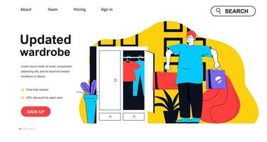 Updated wardrobe concept for landing page template. Man holds bags with new stylish outfits. Customer buys new clothes people scene. Vector illustration with flat character design for web banner