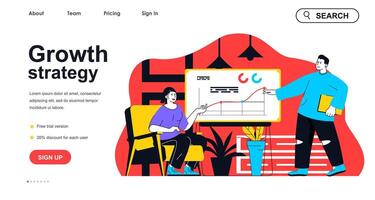 Growth strategy concept for landing page template. Man and woman analyze company development data. Success business planning people scene. Vector illustration with flat character design for web banner