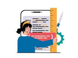 Programming software concept with character situation. Woman working with program code, testing and optimization, engineering process. Vector illustration with people scene in flat design for web