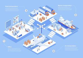 logístico empresa concepto 3d isométrica web escena con infografía. personas trabajando en entrega oficina y proporcionar camino, marina y aire transportes vector ilustración en isometria gráfico diseño