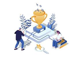 Gamification in learning concept 3d isometric web scene. People studying, achieved new level and completing challenges for winning awards and trophy cup. Vector illustration in isometry graphic design