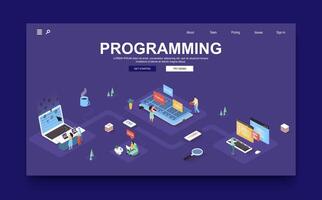 Programming company concept 3d isometric landing page template. People create software, writing code for programs, testing mobile applications. Vector illustration in isometry graphic design.