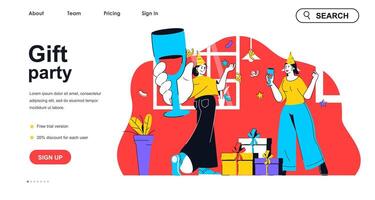 Gift party concept for landing page template. Women celebrating holiday, giving gifts and drinking champagne. Festive event people scene. Vector illustration with flat character design for web banner