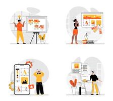 Web design concept with flat character set. Collection of scenes people working with page layouts, selecting colors and types, places graphic elements and buttons, creating code. Vector illustrations