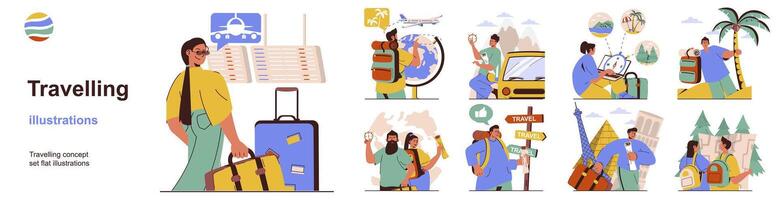 Travelling concept with character situations collection. Bundle of scenes people with luggage and tourist backpacks go on beach vacation, travel and hiking. Vector illustrations in flat web design