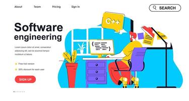 Software engineering concept for landing page template. Programmer creates apps, works at computer. Development of programs people scene. Vector illustration with flat character design for web banner