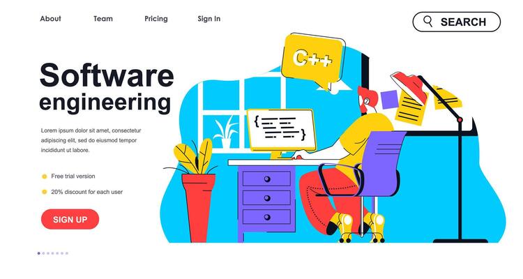 Software engineering concept for landing page template. Programmer creates apps, works at computer. Development of programs people scene. Vector illustration with flat character design for web banner