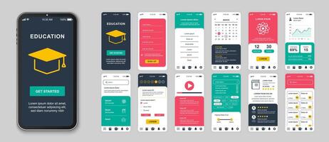 Education mobile app screens set for web templates. Pack of student login, calendar, video lessons, statistics of progress and other mockups. UI, UX, GUI user interface kit for layouts. Vector design