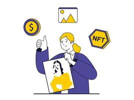 NFT token concept with character situation. Woman sells or buys digital masterpieces of digital art on virtual auctions and online gallery. Vector illustration with people scene in flat design for web