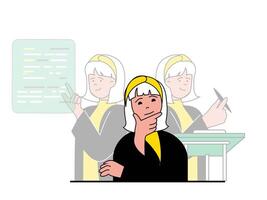 productividad lugar de trabajo concepto con personaje situación. mujer piensa y análisis trabajo procesos, optimiza estrategia para haciendo tareas. vector ilustración con personas escena en plano diseño para web