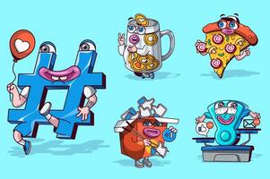 Social network concept with 3d cute cartoon characters set. Funny avatars of hashtag, mug or box collecting likes and hearts, scales with messages, pizza. Vector illustration with comic mascots design