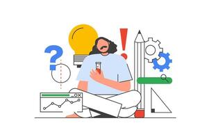 Science outline web concept with character scene. Man making tests, researching and experimenting in lab. People situation in flat line design. Vector illustration for social media marketing material.