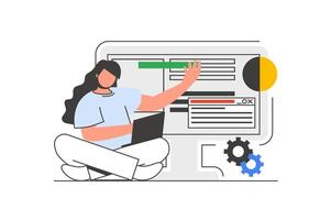 web diseño contorno concepto con personaje escena. mujer hace ui ux diseños para sitios, crear interfaz. personas situación en plano línea diseño. vector ilustración para social medios de comunicación márketing material.