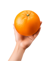 ai gegenereerd een hand vasthouden oranje fruit geïsoleerd Aan een transparant achtergrond, PNG