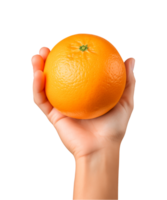 ai gegenereerd een hand vasthouden oranje fruit geïsoleerd Aan een transparant achtergrond, PNG