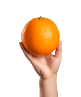 AI generated a hand-holding orange fruit isolated on a transparent background, PNG