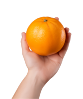 ai gegenereerd een hand vasthouden oranje fruit geïsoleerd Aan een transparant achtergrond, PNG