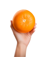 AI generated a hand-holding orange fruit isolated on a transparent background, PNG