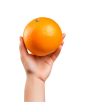 AI generated a hand-holding orange fruit isolated on a transparent background, PNG