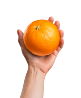 AI generated a hand-holding orange fruit isolated on a transparent background, PNG