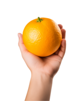 ai généré une se tenir la main Orange fruit isolé sur une transparent arrière-plan, png