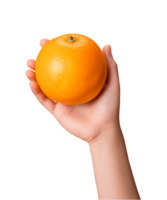 ai généré une se tenir la main Orange fruit isolé sur une transparent arrière-plan, png