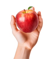 AI generated a hand-holding red apple isolated on a transparent background, PNG