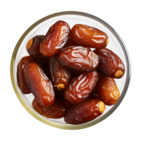 AI generated a bowl of dried date fruits isolated on a transparent background, top view, PNG