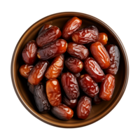 AI generated a bowl of dried date fruits isolated on a transparent background, top view, PNG