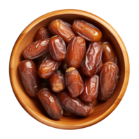 AI generated a bowl of dried date fruits isolated on a transparent background, top view, PNG