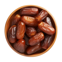 AI generated a bowl of dried date fruits isolated on a transparent background, top view, PNG