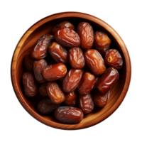 AI generated a bowl of dried date fruits isolated on a transparent background, top view, PNG