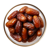 AI generated a bowl of dried date fruits isolated on a transparent background, top view, PNG