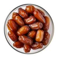 AI generated a bowl of dried date fruits isolated on a transparent background, top view, PNG