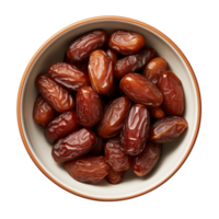 AI generated a bowl of dried date fruits isolated on a transparent background, top view, PNG