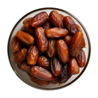 AI generated a bowl of dried date fruits isolated on a transparent background, top view, PNG