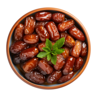 AI generated a bowl of dried date fruits isolated on a transparent background, top view, PNG