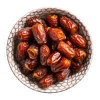 AI generated a bowl of dried date fruits isolated on a transparent background, top view, PNG