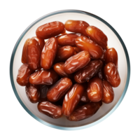 AI generated a bowl of dried date fruits isolated on a transparent background, top view, PNG