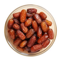 AI generated a bowl of dried date fruits isolated on a transparent background, top view, PNG