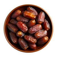 AI generated a bowl of dried date fruits isolated on a transparent background, top view, PNG