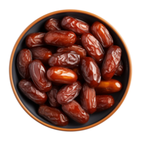 AI generated a bowl of dried date fruits isolated on a transparent background, top view, PNG