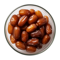 AI generated a bowl of dried date fruits isolated on a transparent background, top view, PNG