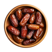 AI generated a bowl of dried date fruits isolated on a transparent background, top view, PNG