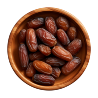 AI generated a bowl of dried date fruits isolated on a transparent background, top view, PNG