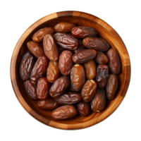 AI generated a bowl of dried date fruits isolated on a transparent background, top view, PNG