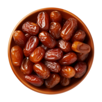 AI generated a bowl of dried date fruits isolated on a transparent background, top view, PNG