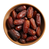 AI generated a bowl of dried date fruits isolated on a transparent background, top view, PNG